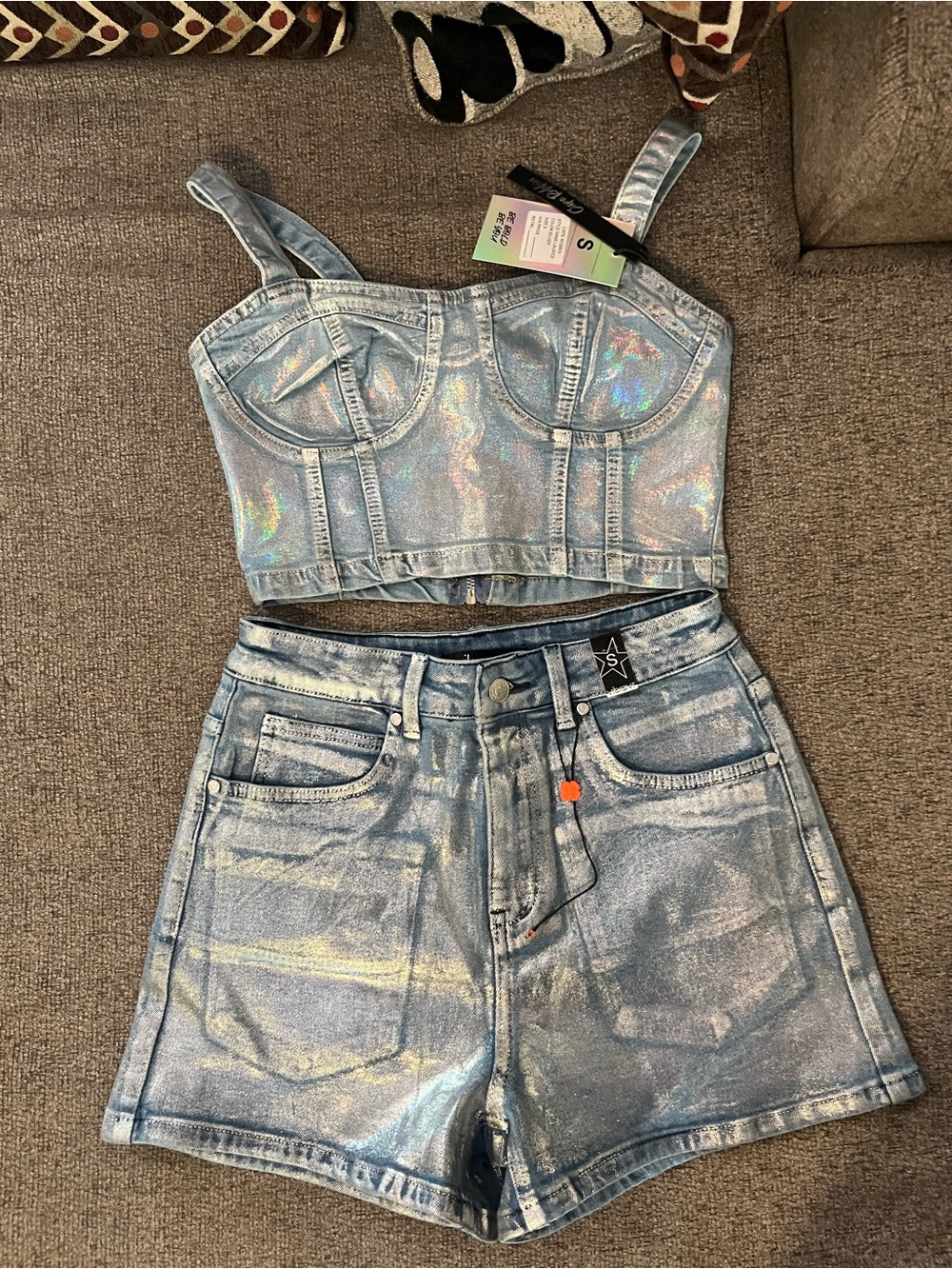 Holographic Light Blue Denim Shorts and top